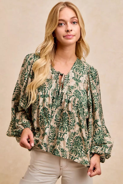 Printed Woven Front Tied Blouse with Balloon Sleeve at In Style Chics Boutique 