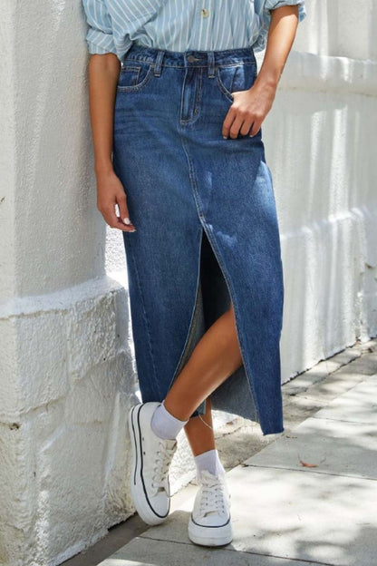 Slit Raw Hem Midi Denim Skirt - In Style Chics Boutique LLC