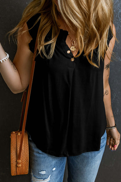 Button Split Neck Frill Trim Sleeveless Shirt - Cute Clothes Online - In Style Chics Boutique Women's Juniors Apparel 