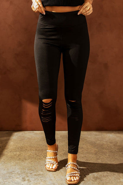 Double Take Wide Waistband Distressed Slim Fit Leggings - In Style Chics Boutique LLC