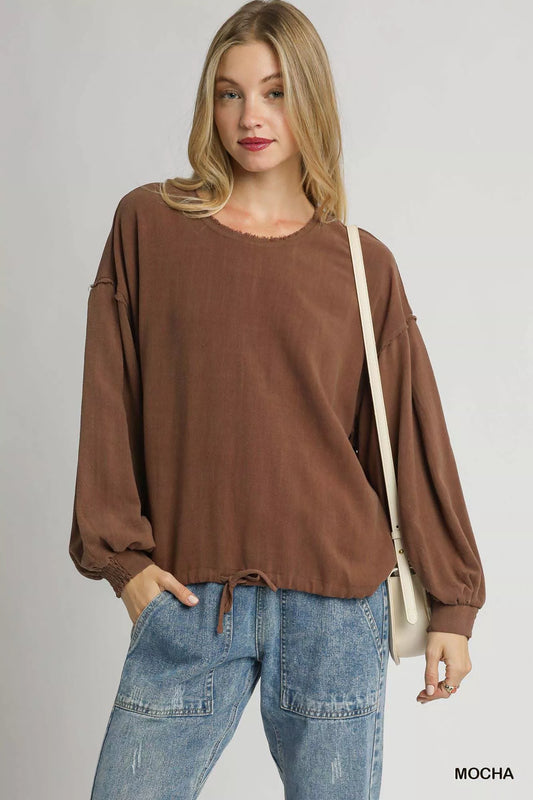 Linen Long Sleeve Top with Drawstring Shop for Fall Fashion at In Style Chics Boutique 