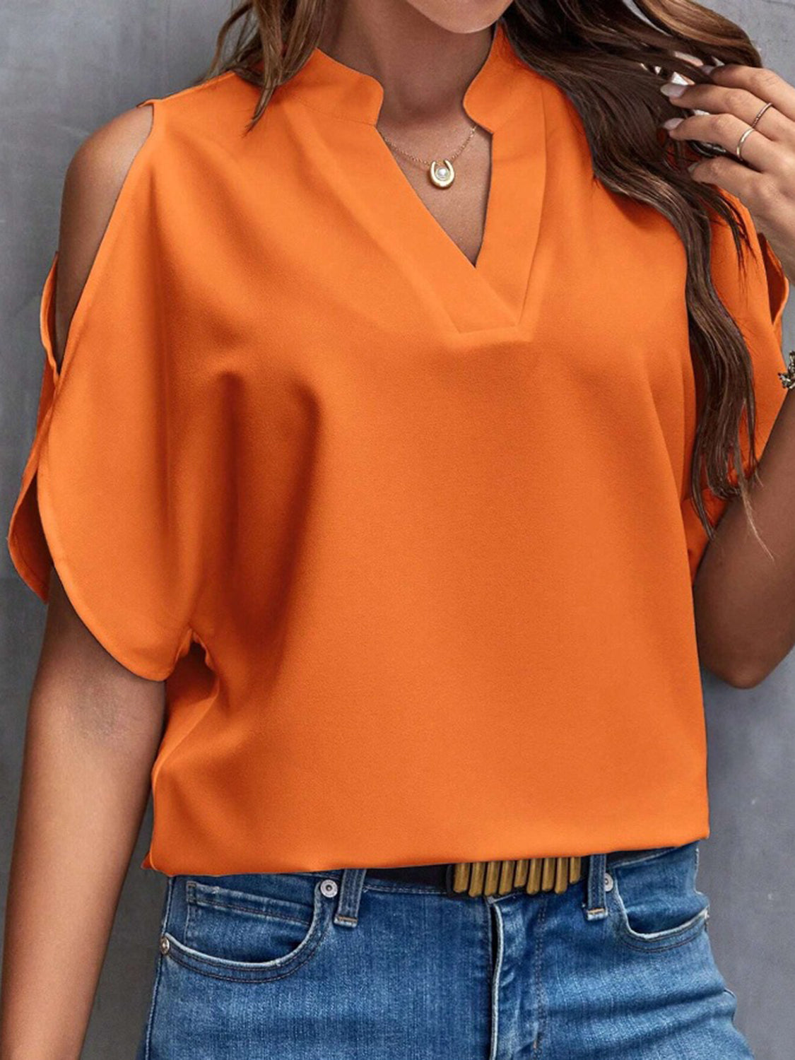 Notched Cold Shoulder Half Sleeve Blouse - In Style Chics Boutique LLC