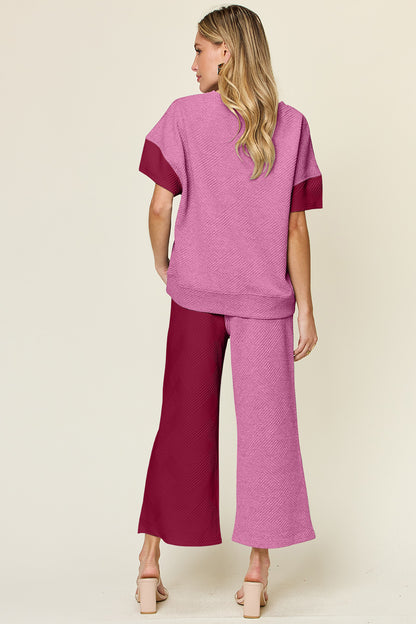 Double Take Full Size Texture Contrast T-Shirt and Wide Leg Pants Set - More Colors! - In Style Chics Boutique LLC