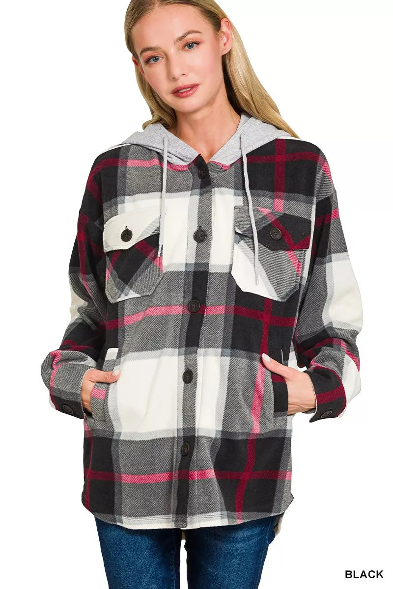 Zenana Plaid Drawstring Hooded Fleece Shacket