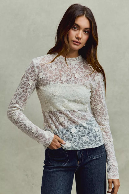 Lace Long Sleeve 3d Effect Floral Layering Top in off white 