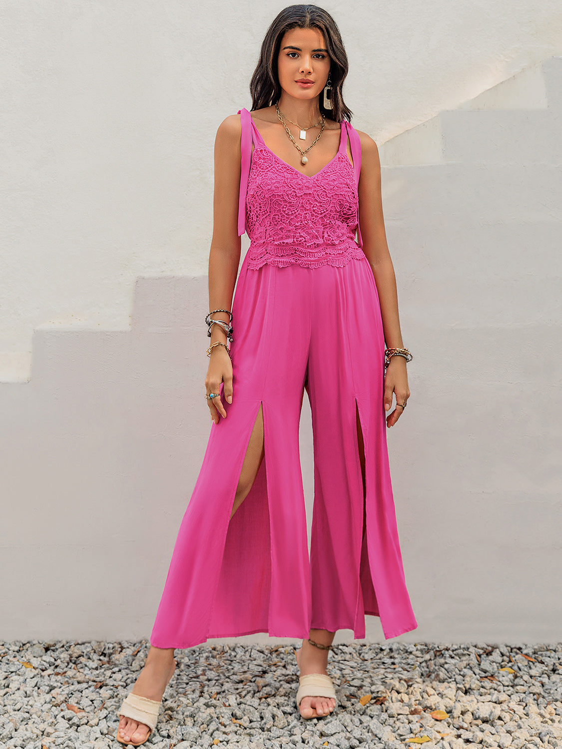 V-Neck Wide Strap Slit Jumpsuit - In Style Chics Boutique LLC