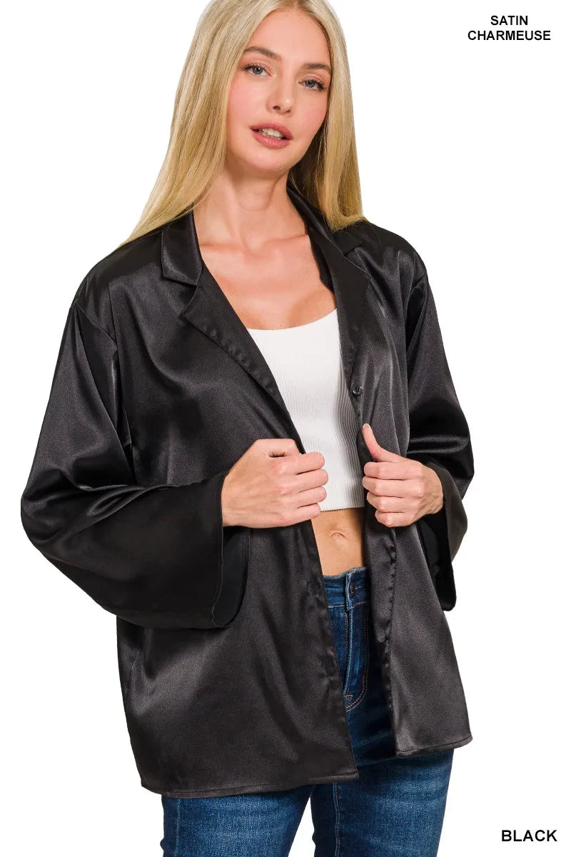 Black Satin Button Down Shirt at In Style Chics Boutique Everyday Basic Fashion Essentials 
