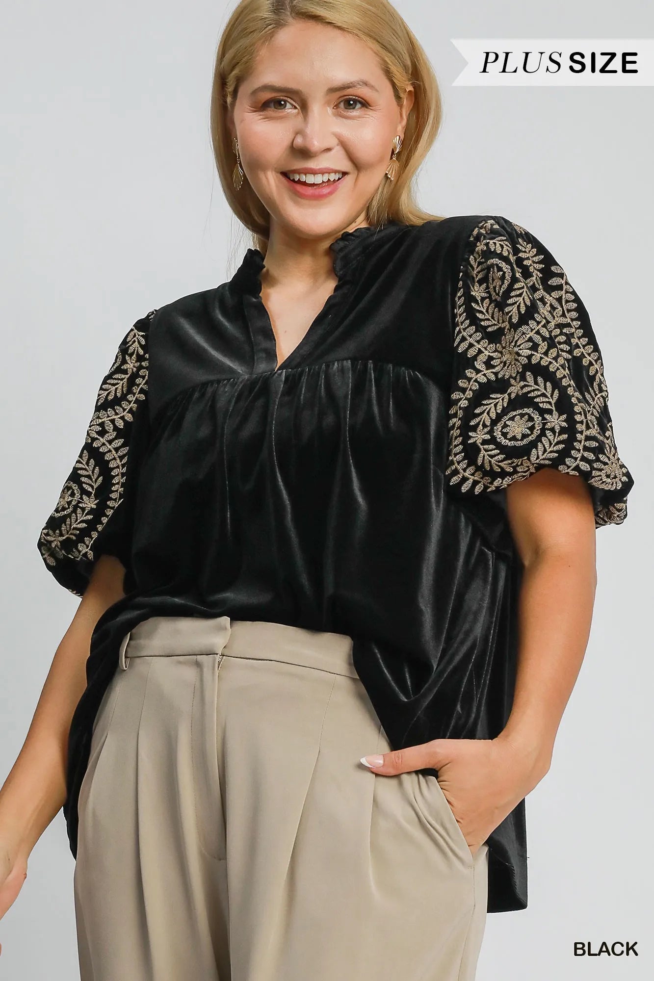 Velvet Embroidered Sleeve Blouse at In Style Chics Boutique 
