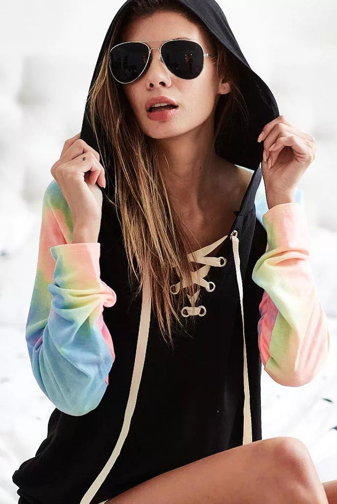 French Terry Lace Up Hoodie With Tie Dye Sleeves at In Style Chics Boutique 