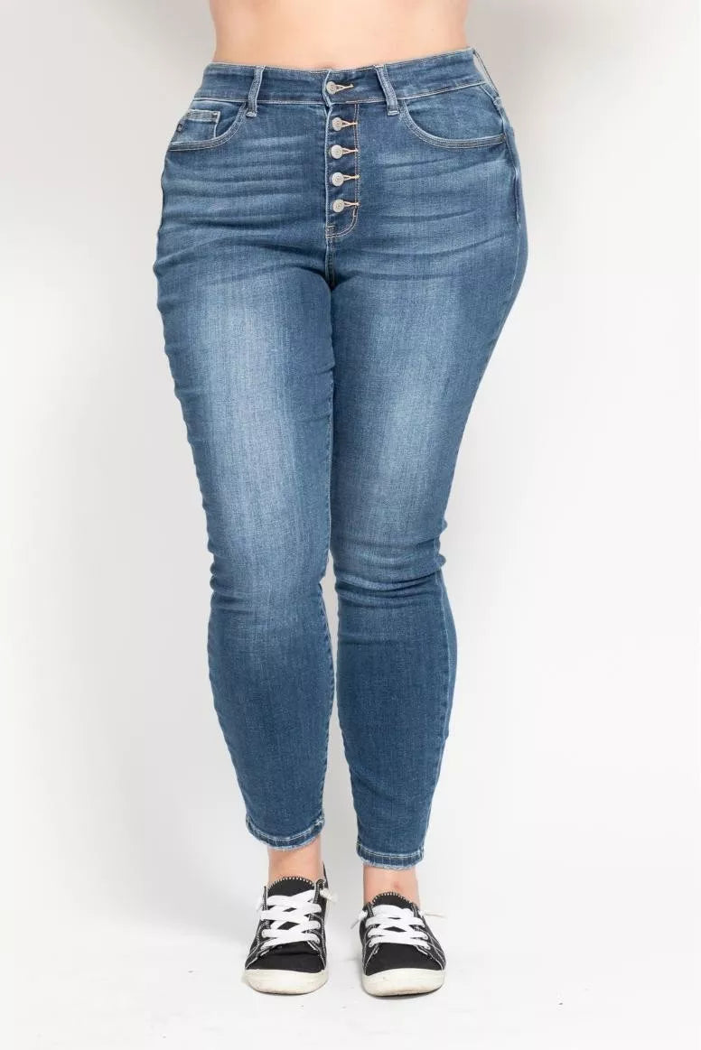 Judy Blue High Rise Button Fly Skinny Jeans at In Style Chics Boutique plus size jeans 