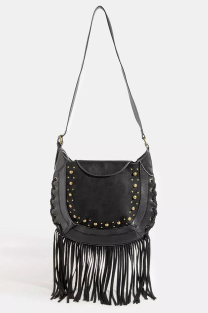 Rivet Trim Suede Fringe Shoulder Bag at In Style Chics Boutique 