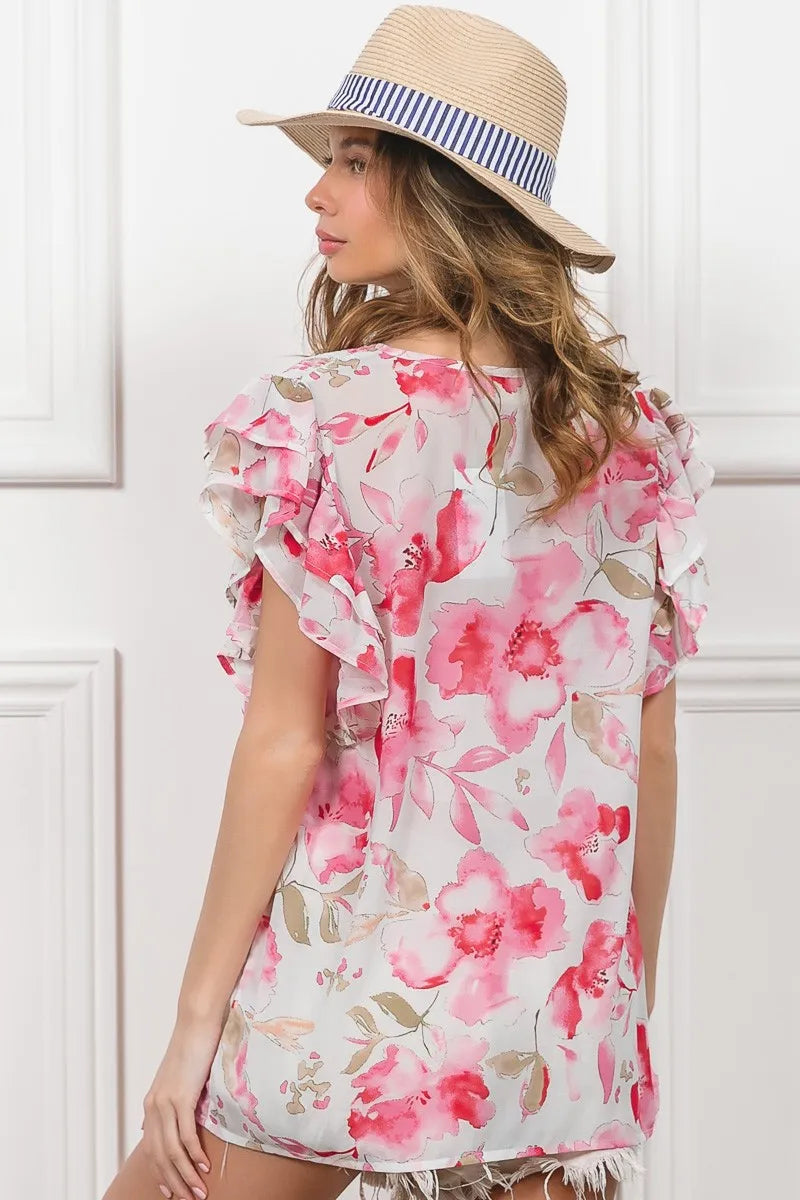 Floral Print Flutter Sheer Top at In Style Chics Boutique 