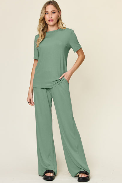 Double Take Round Neck Short Sleeve T-Shirt & Wide Leg Pants Set - In Style Chics Boutique LLC