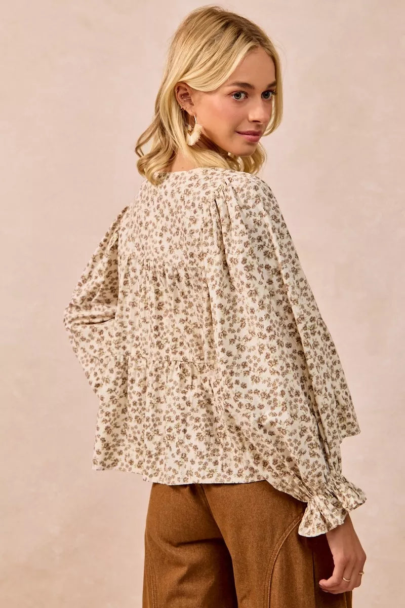 Floral Printed Peplum Blouse with Shirring and Tied at In Style Chics Boutique 