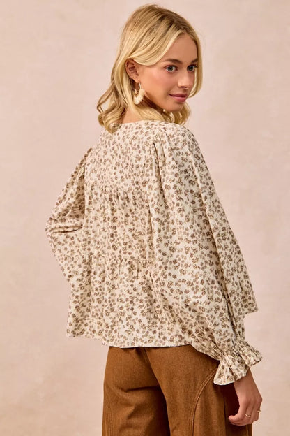 Floral Printed Peplum Blouse with Shirring and Tied at In Style Chics Boutique 