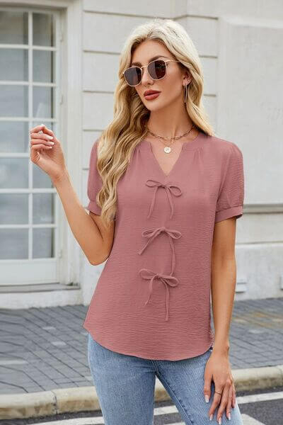 Bow Notched Short Sleeve Blouse