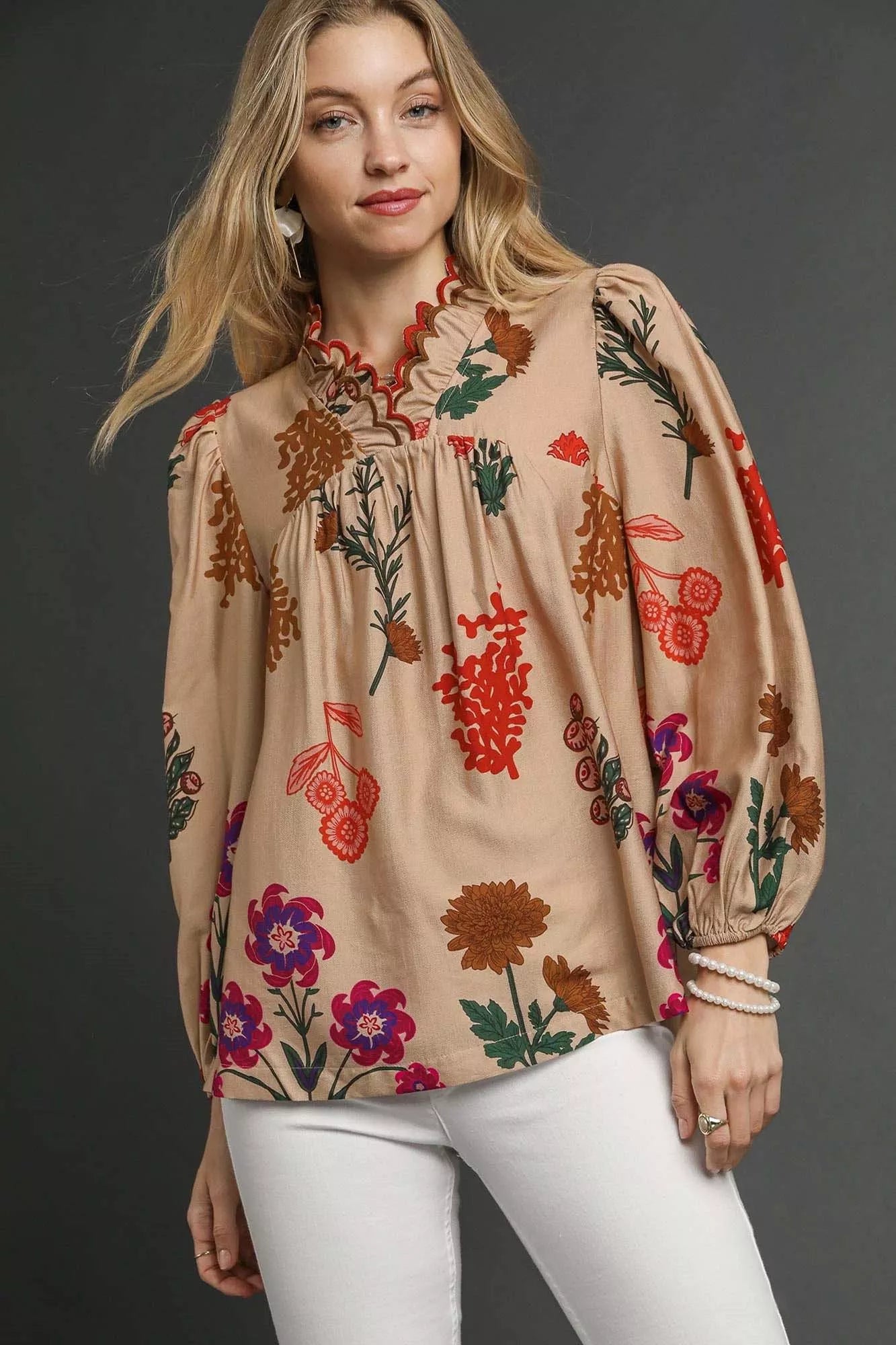 Flower Print Blouse with Scalloped Neckline
