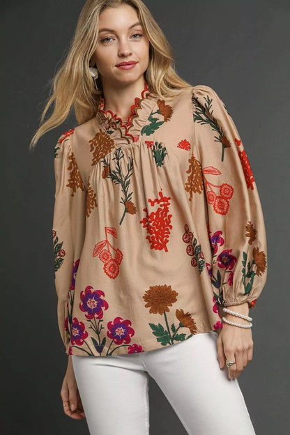 Flower Print Blouse with Scalloped Neckline