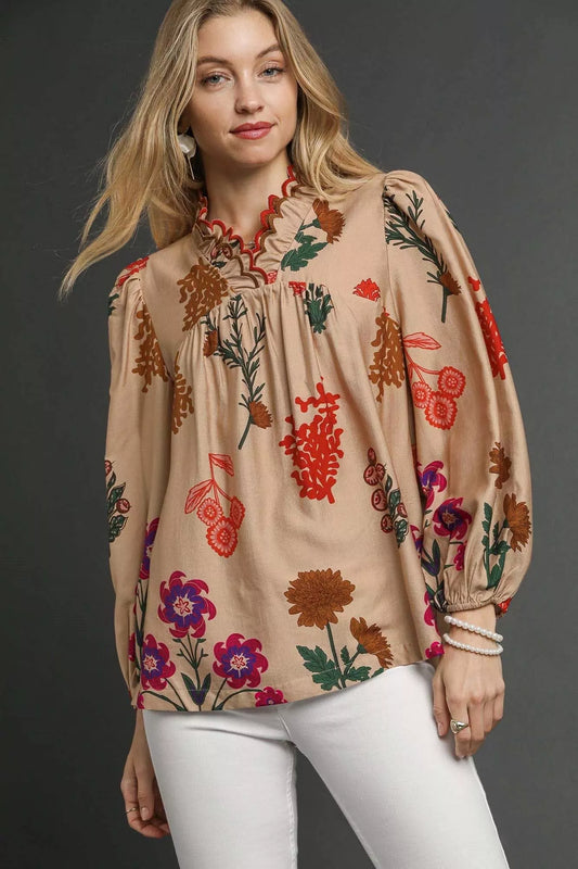 Flower Print Blouse with Scalloped Neckline
