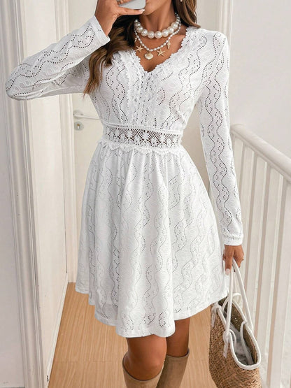 Lace Detail V Neck Long Sleeve Mini Dress