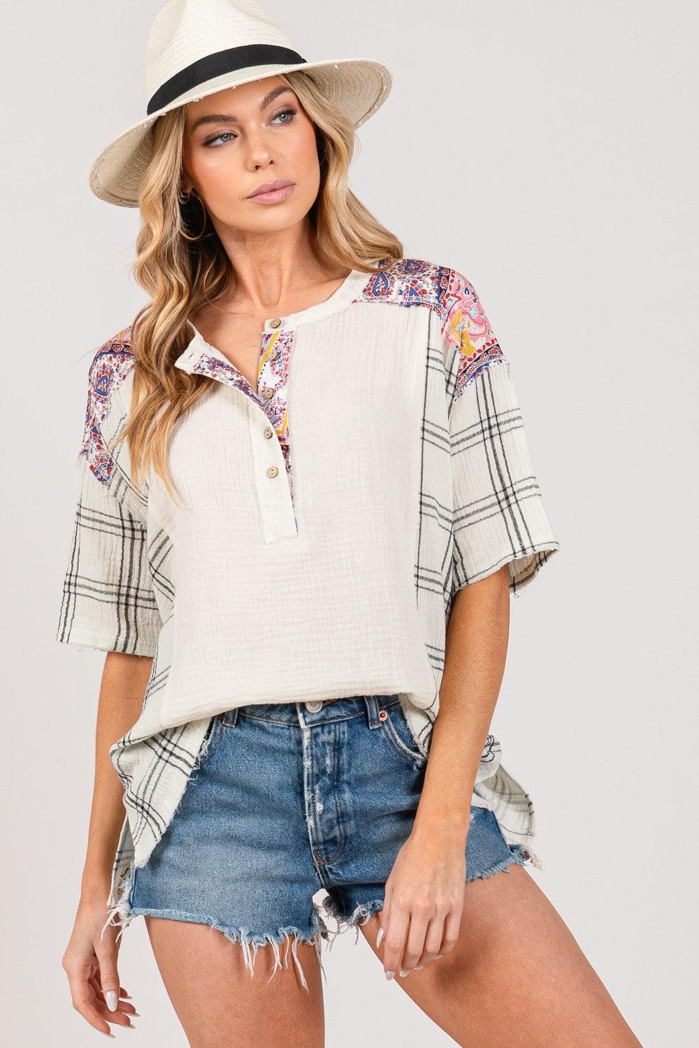 SAGE + FIG Plaid Half Button Gauze Top - In Style Chics Boutique LLC