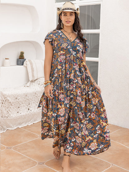 Plus Size Ruffled Printed Cap Sleeve Dress - In Style Chics Boutique LLC