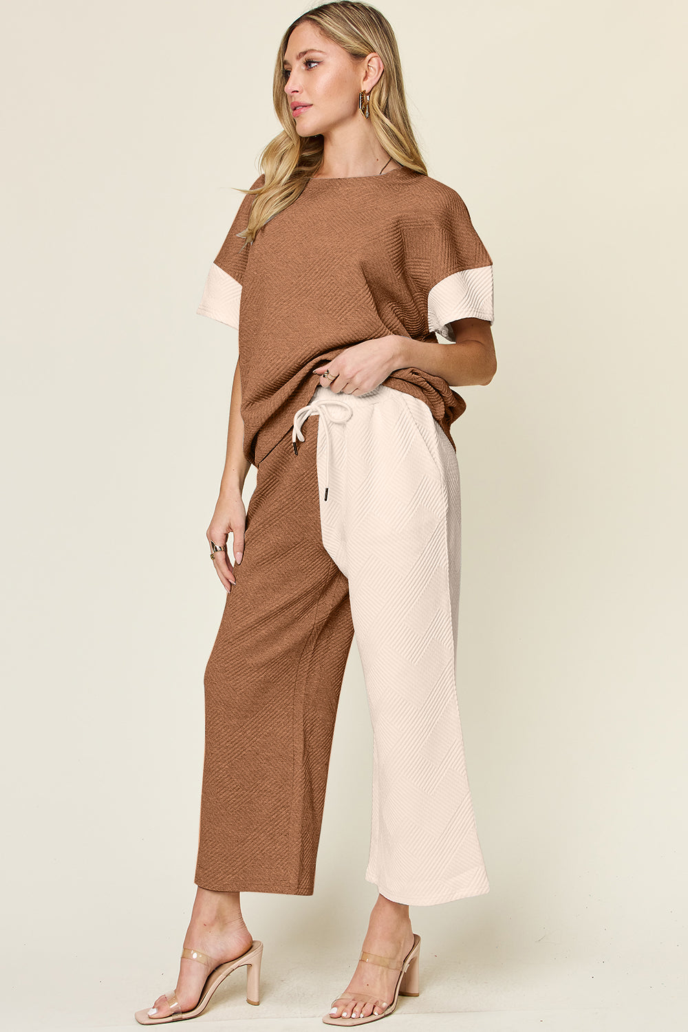 Double Take Full Size Texture Contrast T-Shirt and Wide Leg Pants Set - More Colors! - In Style Chics Boutique LLC