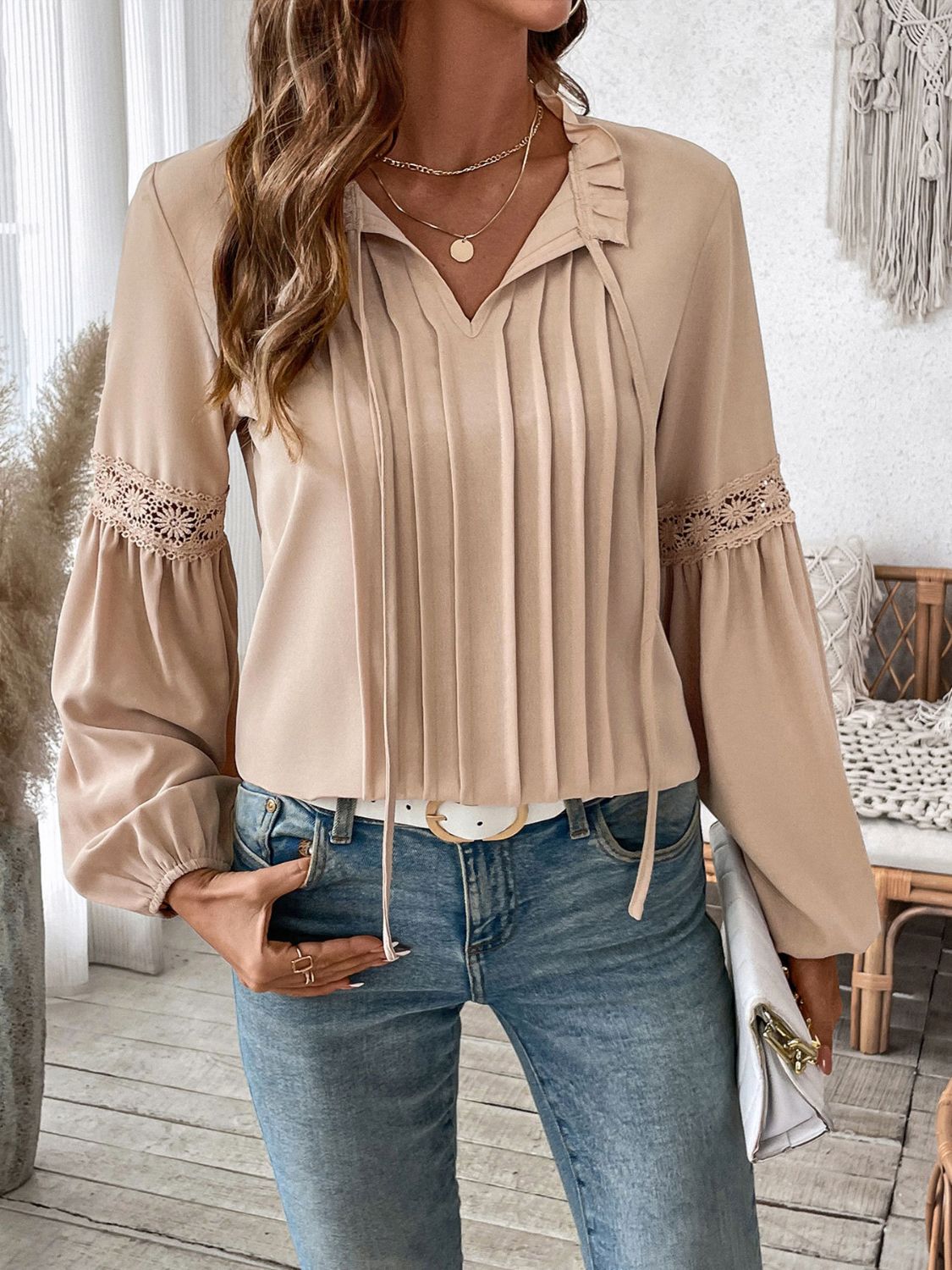 Perfee Frill Tie Neck Long Sleeve Blouse - In Style Chics Boutique LLC