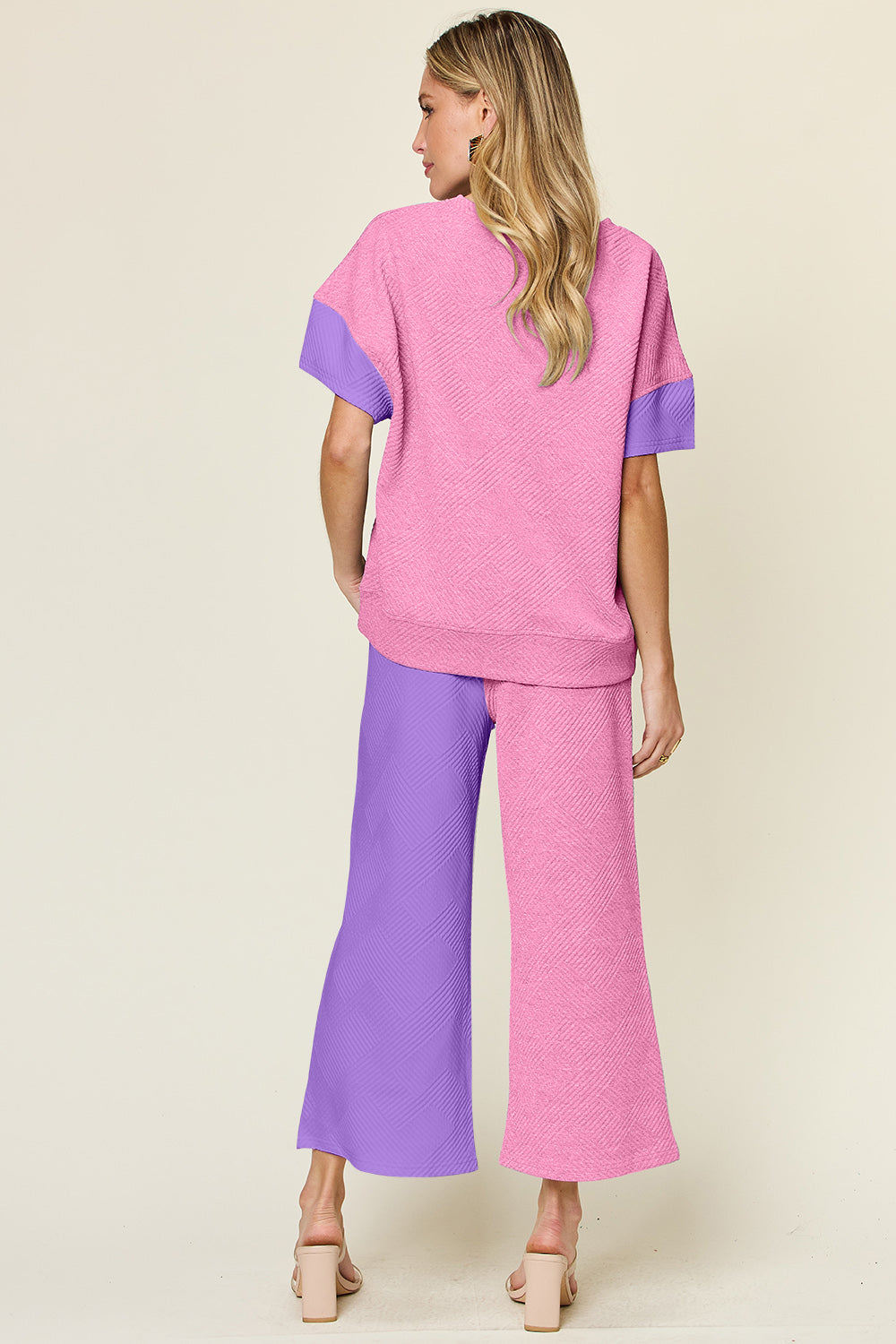 Double Take Full Size Texture Contrast T-Shirt and Wide Leg Pants Set - More Colors! - In Style Chics Boutique LLC