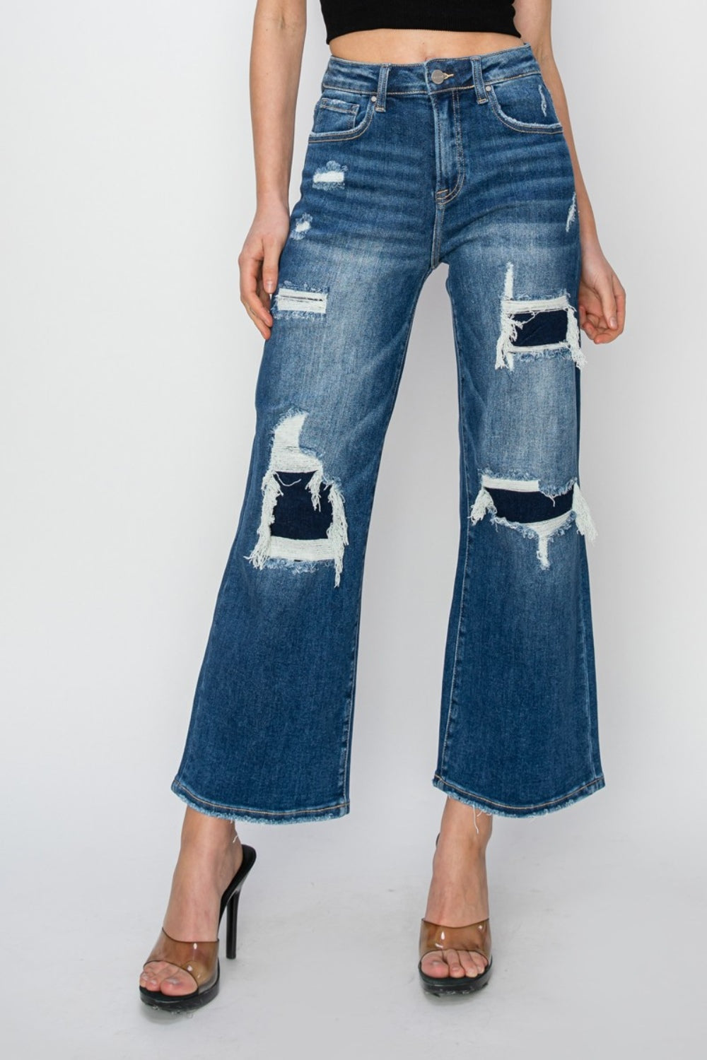 Risen Full Size High Rise Patch Detailed Wide Leg Crop Jeans - In Style Chics Boutique LLC