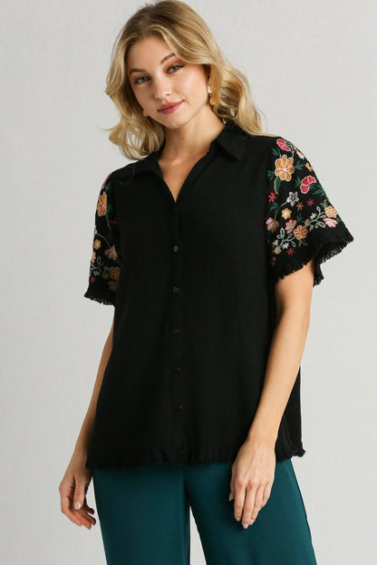 Linen Shirt with Embroidered Sleeves - Cute Clothing - In Style Chics Boutique Online Women's Juniors Plus Size Apparel 