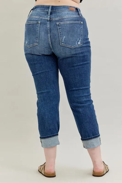 Judy Blue Mid Rise Cuffed Destroy Boyfriend Jeans - In Style Chics Boutique Women's Clothes Online Plus Size 