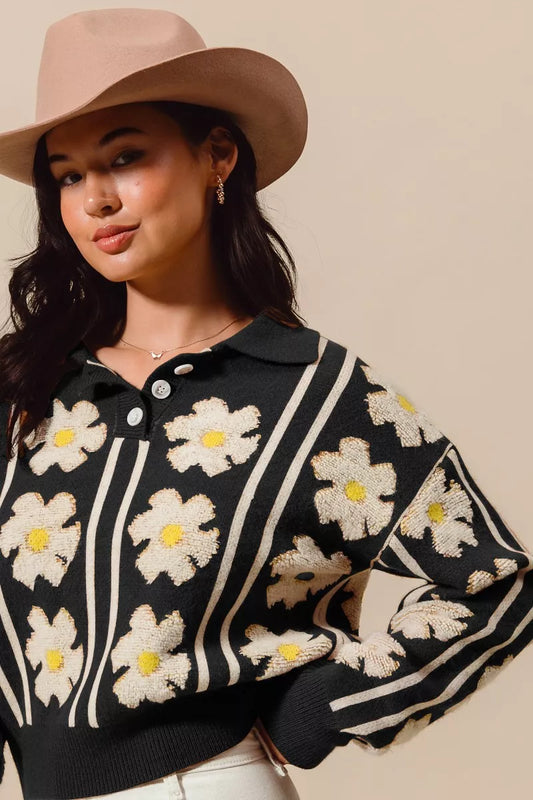 Floral Stripe Polo Collar Sweater at In Style Chics Boutique 