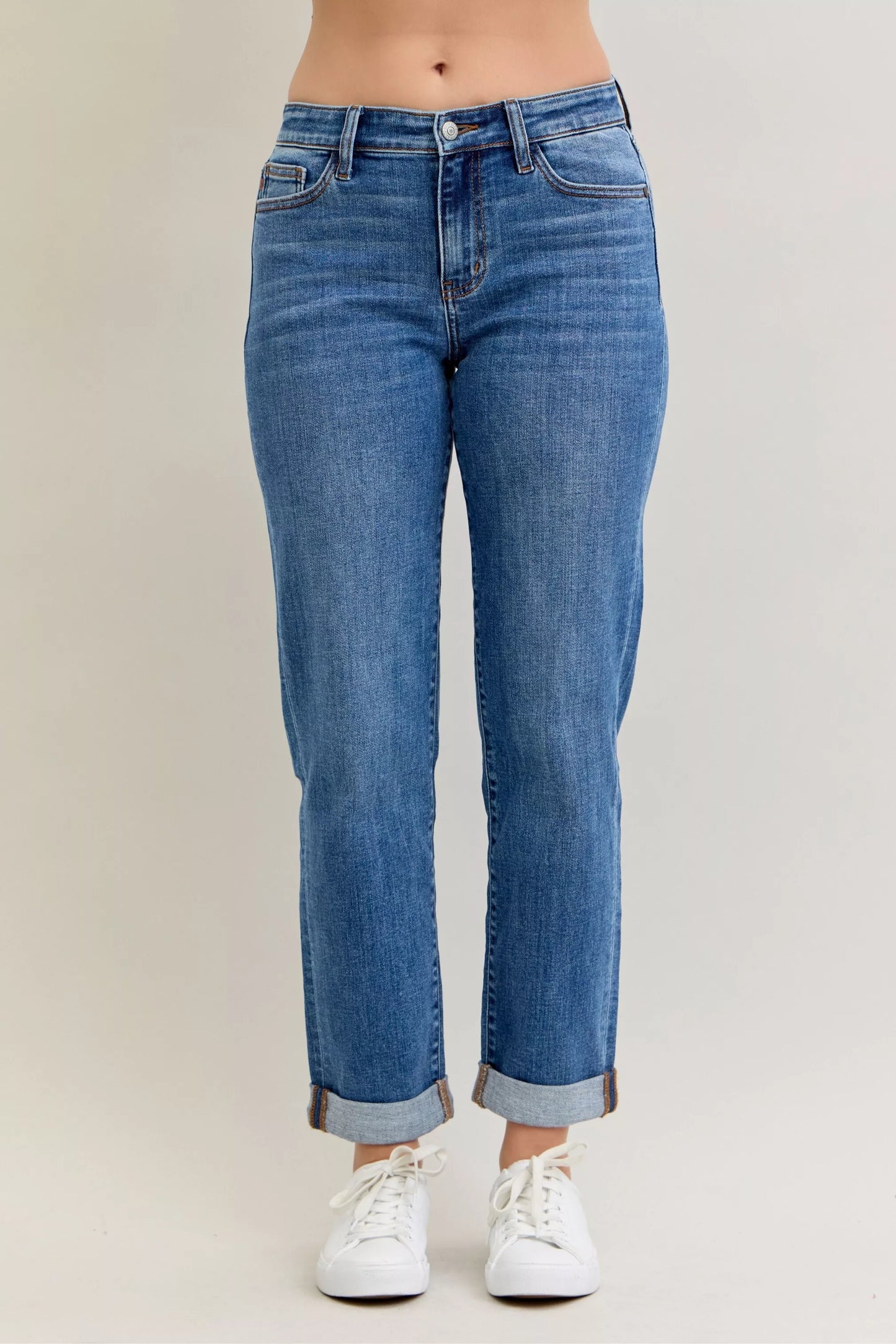 Judy Blue Mid Rise Boyfriend. Classic Cuffed Jeans at In Style Chics Boutique plus size jeans 