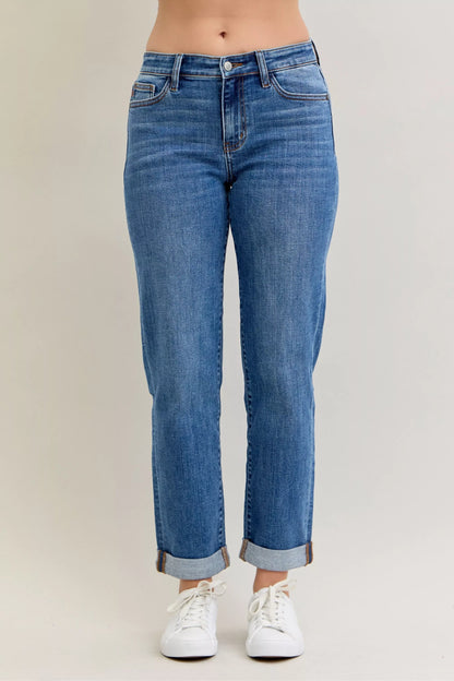 Judy Blue Mid Rise Boyfriend. Classic Cuffed Jeans at In Style Chics Boutique plus size jeans 