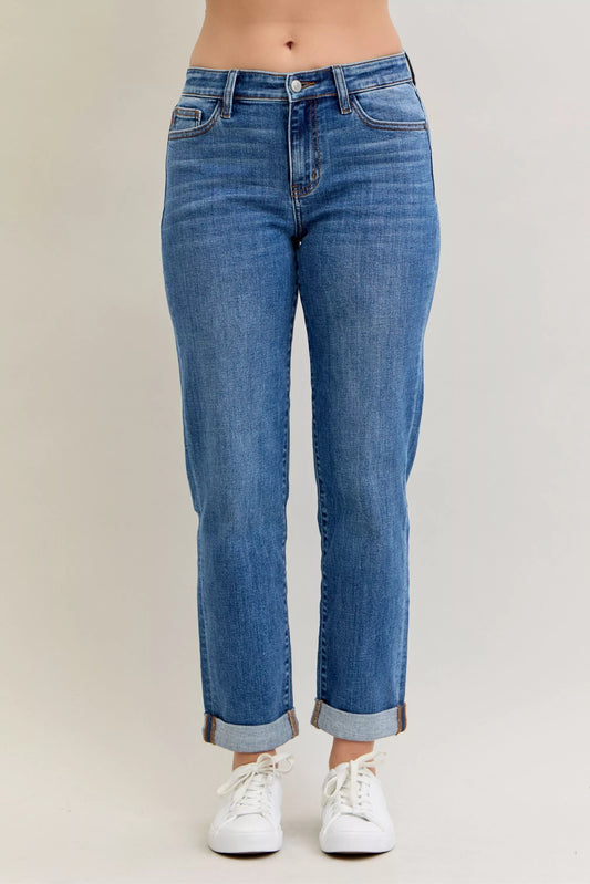 Judy Blue Mid Rise Boyfriend. Classic Cuffed Jeans at In Style Chics Boutique plus size jeans 