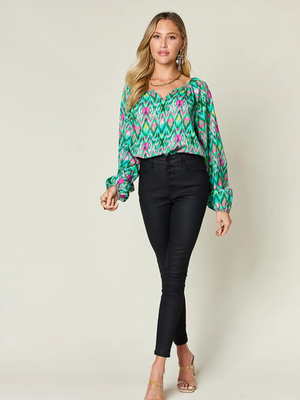 Printed Balloon Sleeve Blouse at In Style Chics Boutique 