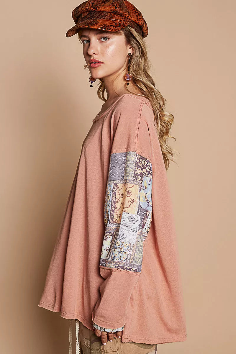 Round Neck Long Sleeve Roomy Fit Top with Stitch Detail at In Style Chics Boutique 