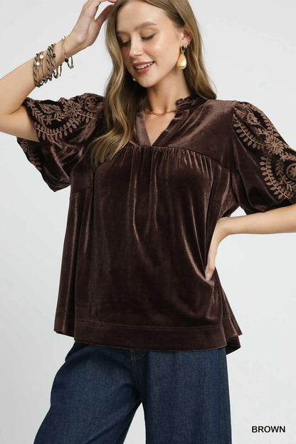 Velvet Embroidered Sleeve Blouse at In Style Chics Boutique 