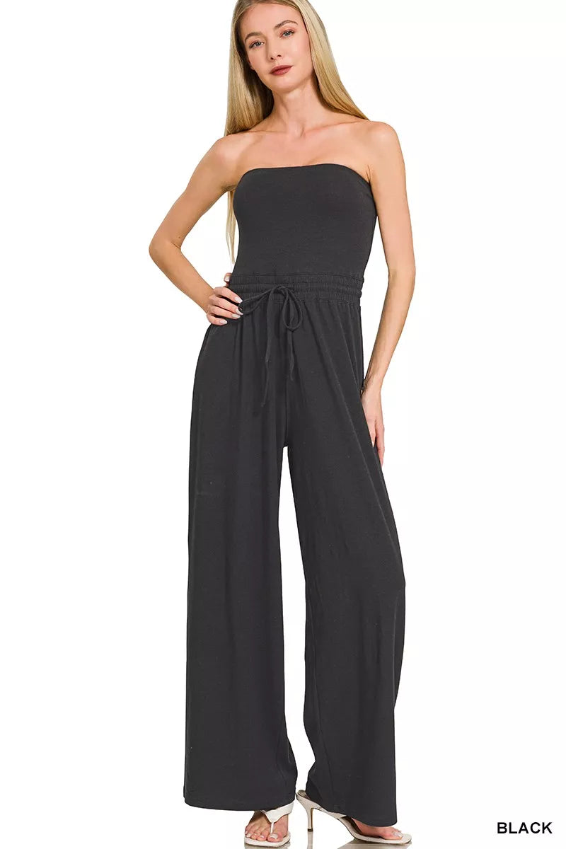 Zenana Tube Top Black Jumpsuit with Drawstring Waist 🖤
