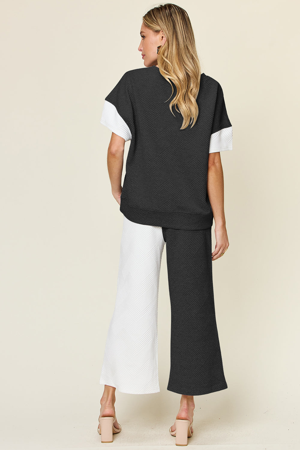 Double Take Full Size Texture Contrast T-Shirt and Wide Leg Pants Set - More Colors! - In Style Chics Boutique LLC