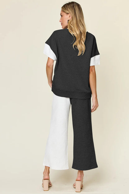 Textured Contrast T-Shirt and Wide Leg Pants Set - In Style Chics Boutique Women's Clothes 