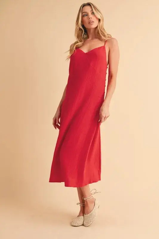 Side Button Midi Red Cami Dress - In Style Chics Boutique Women's Juniors Apparel Online In Style Clothes