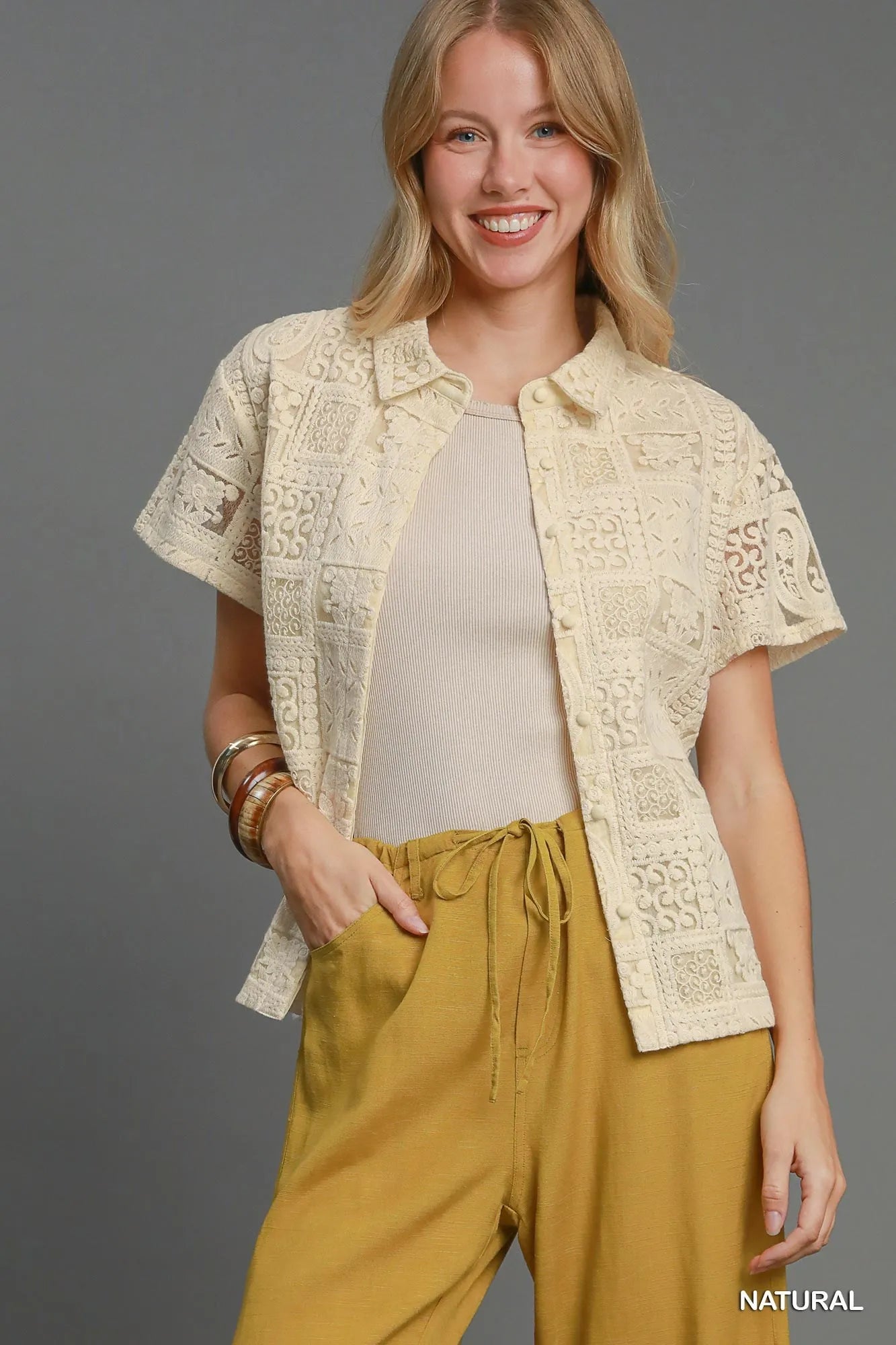 Short Sleeve Button Down Shirt Patch Lace at In Style Chics Boutique 