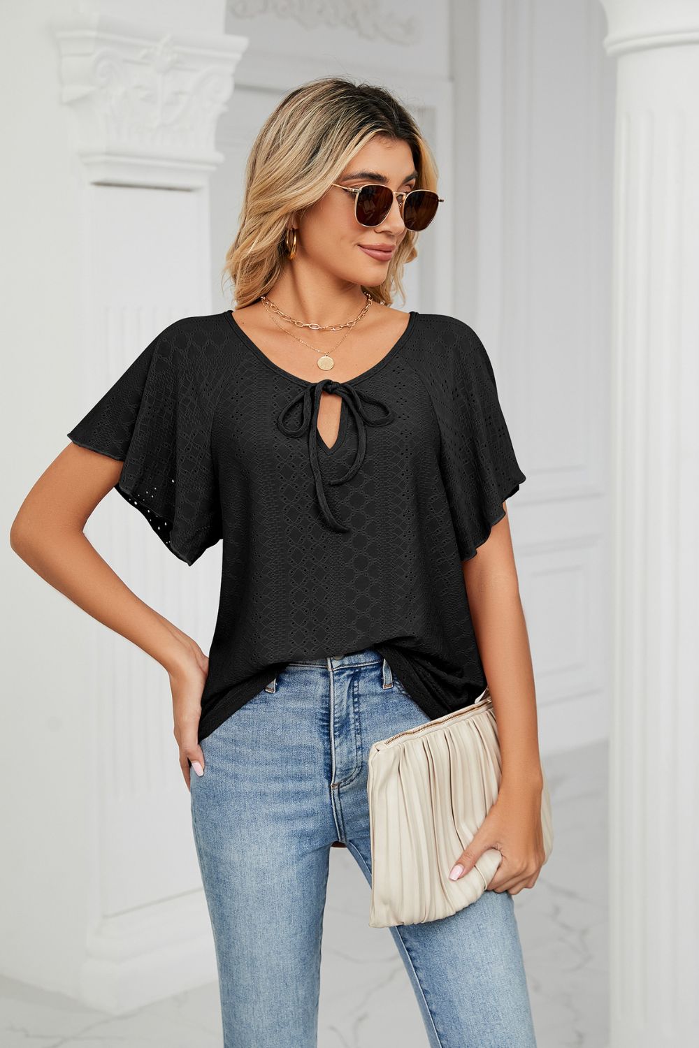 Eyelet Tie-Neck Flutter Sleeve Top - In Style Chics Boutique LLC