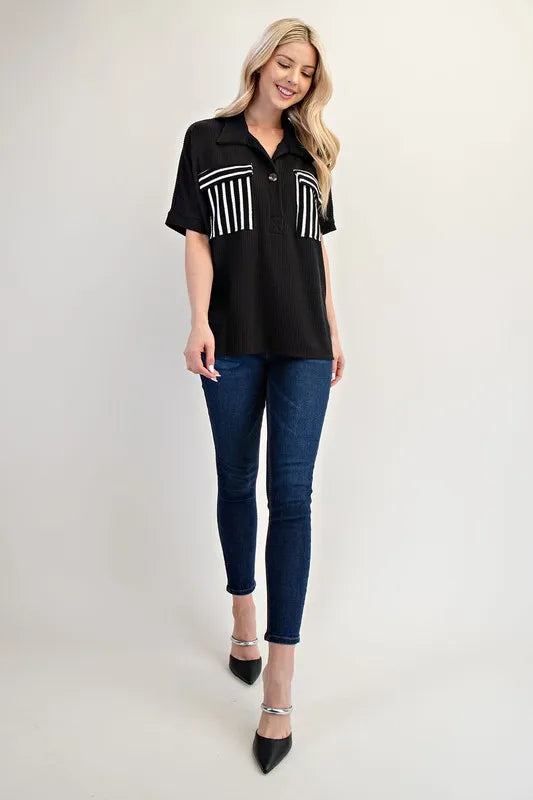 Rib Knit Collared Top with Striped Pockets - In Style Chics Boutique Women's Juniors Plus Size Cute Clothes Online 