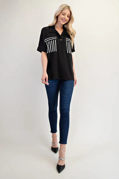 Rib Knit Collared Top with Striped Pockets - In Style Chics Boutique Women's Juniors Plus Size Cute Clothes Online 