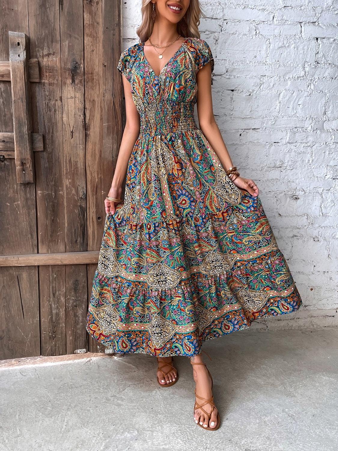 Smocked Printed Cap Sleeve Midi Dress - In Style Chics Boutique LLC