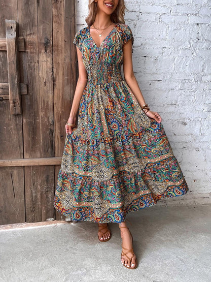 Smocked Printed Cap Sleeve Midi Dress - In Style Chics Boutique LLC