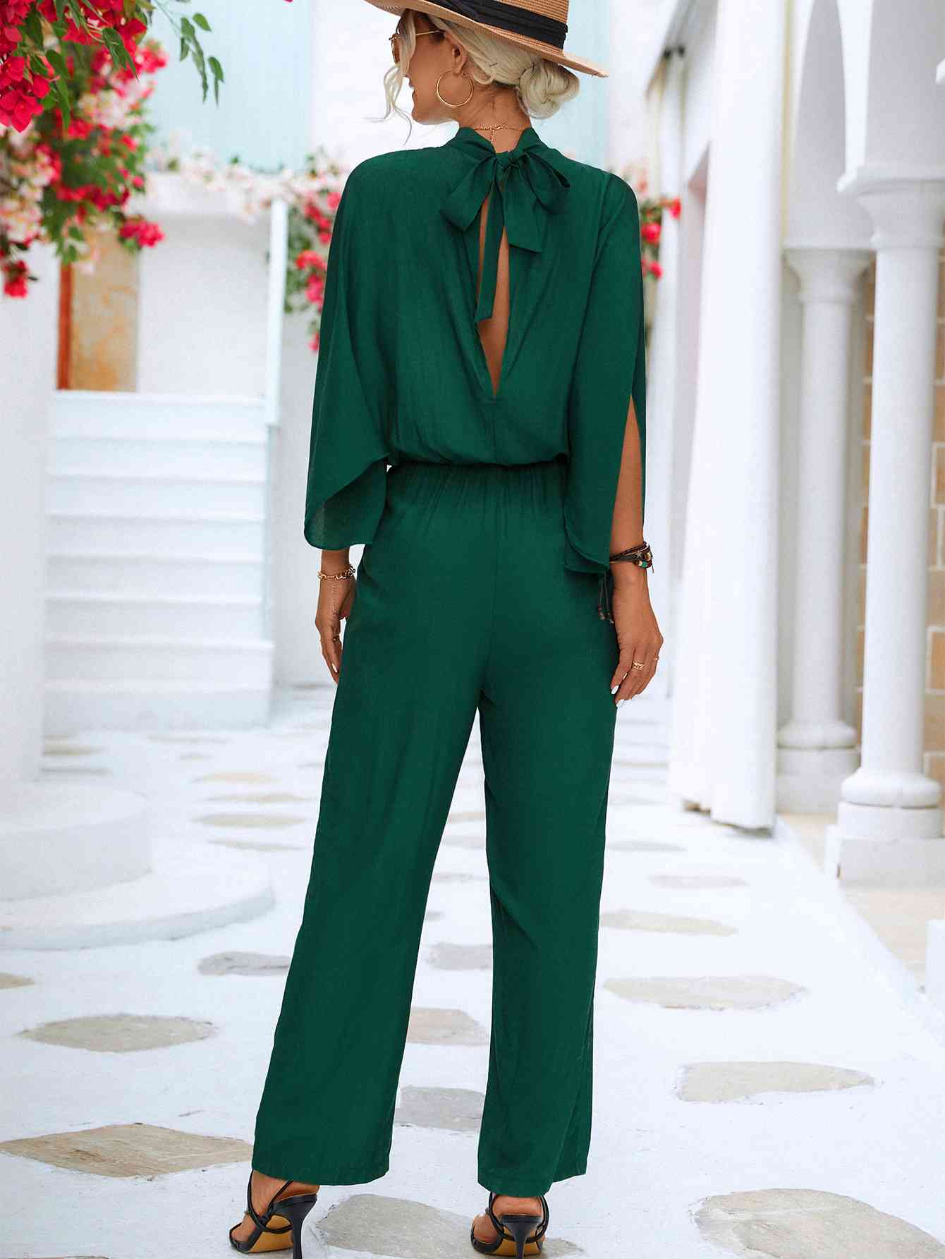 Tie Back Mock Neck Split Sleeve Jumpsuit - In Style Chics Boutique